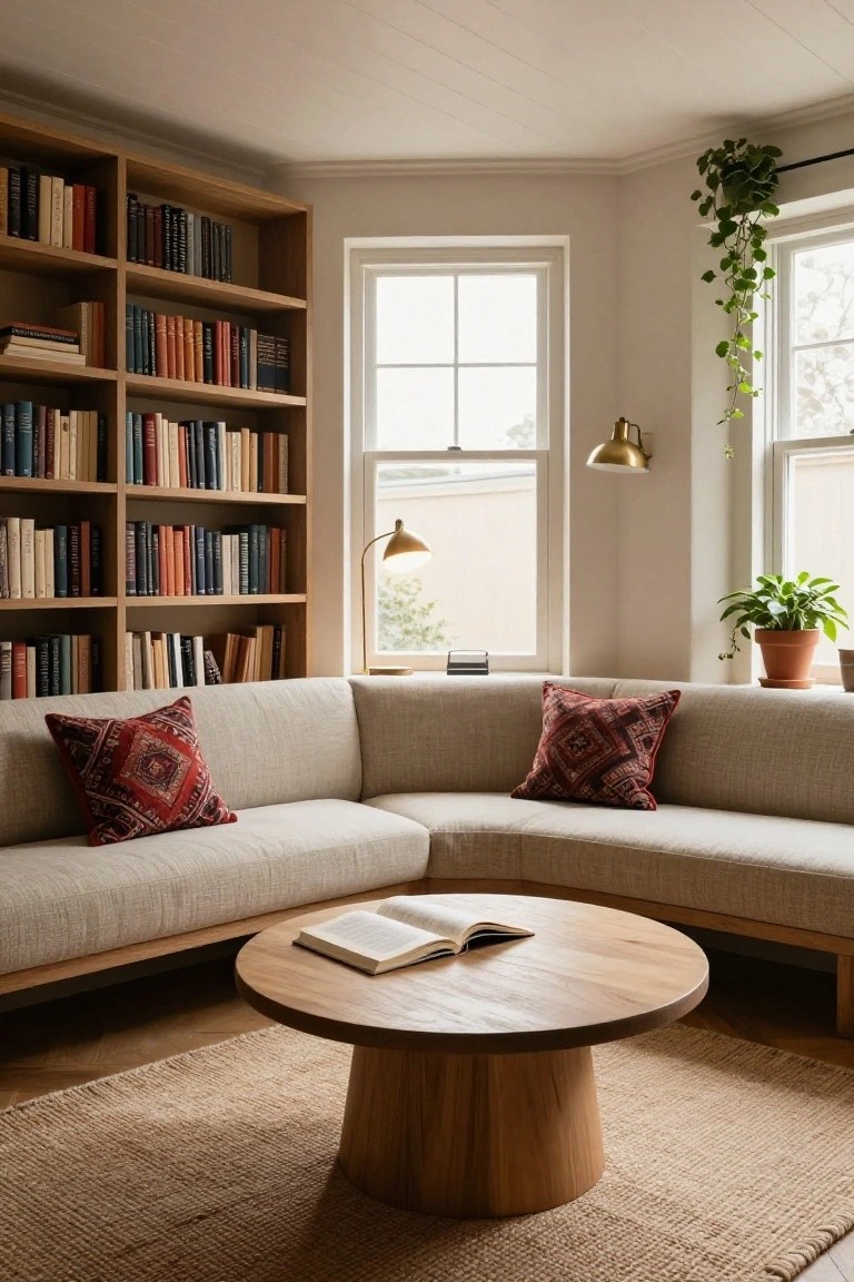 Corner of a light-filled living room with tall wooden bookshelves filled with books, beige L-shaped sofa with patterned pillows, round wooden coffee table holding an open book, potted plants, and brass lamps near large windows.
