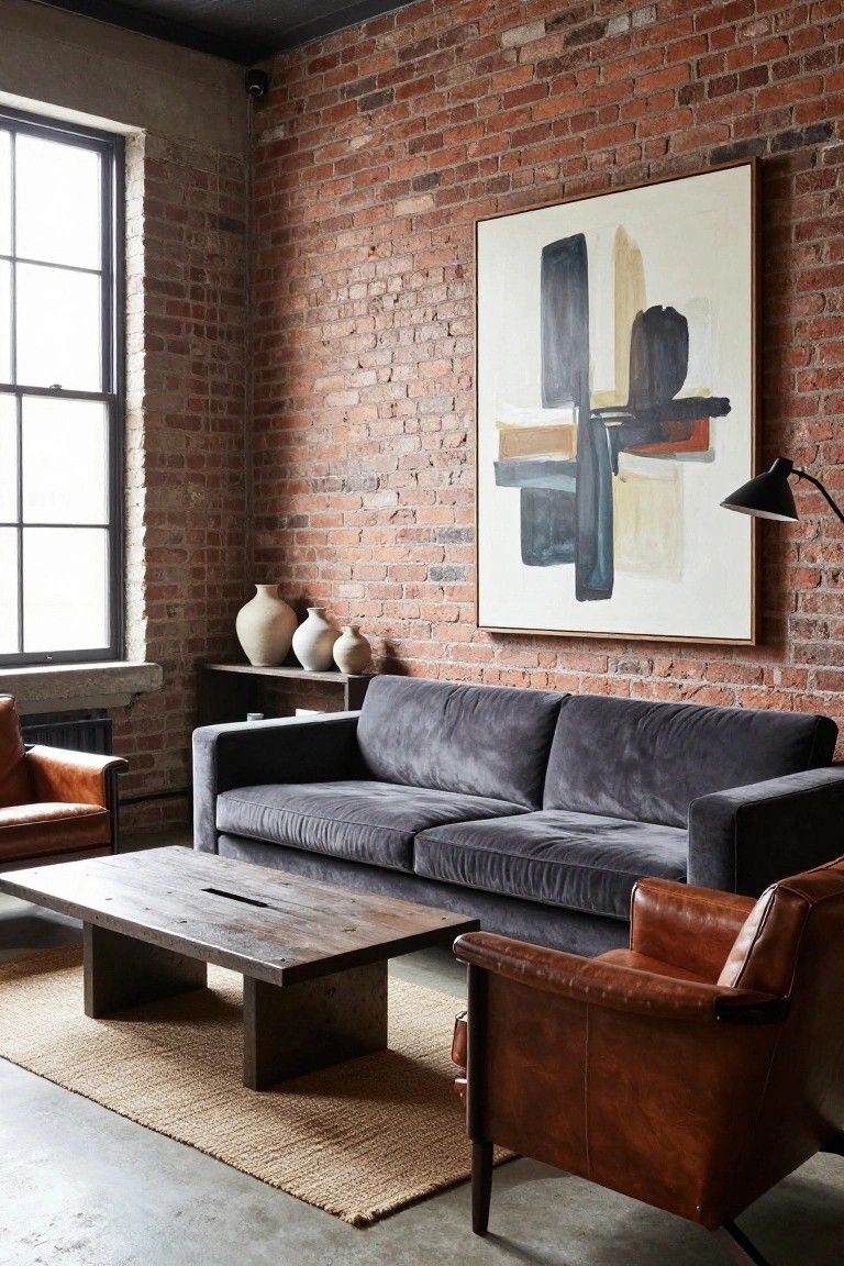A living room with exposed red brick walls, large abstract painting, gray velvet sofa, two brown leather armchairs, low wooden coffee table, seagrass rug, and black metal radiator.
