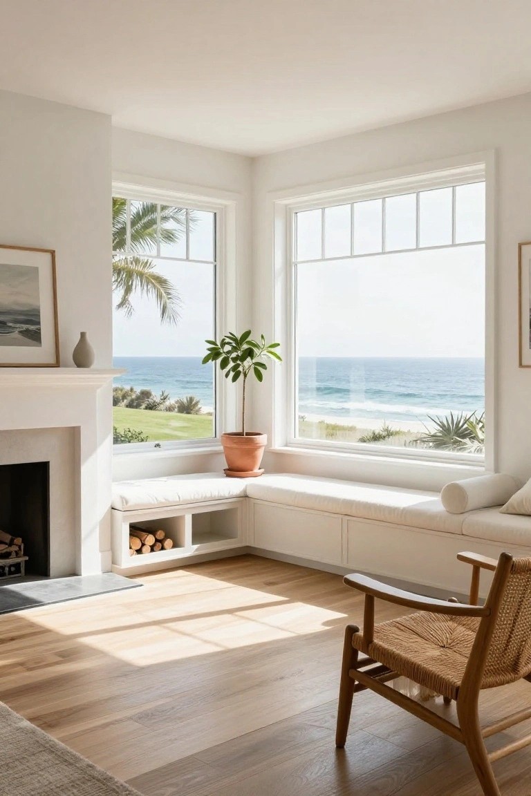 Sunlit living room corner with white built-in window seat and cushions, fireplace with firewood storage below, potted plants on windowsill, large windows showing ocean view with palms and beach, rattan armchair, and light oak hardwood floors.