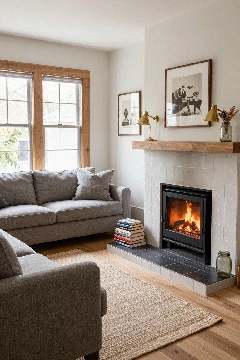Living room with L-shaped gray sofa, white subway tile fireplace containing black inset stove with burning fire, oak floating mantel, seagrass rug, hardwood floors, and large wood-trimmed windows.
