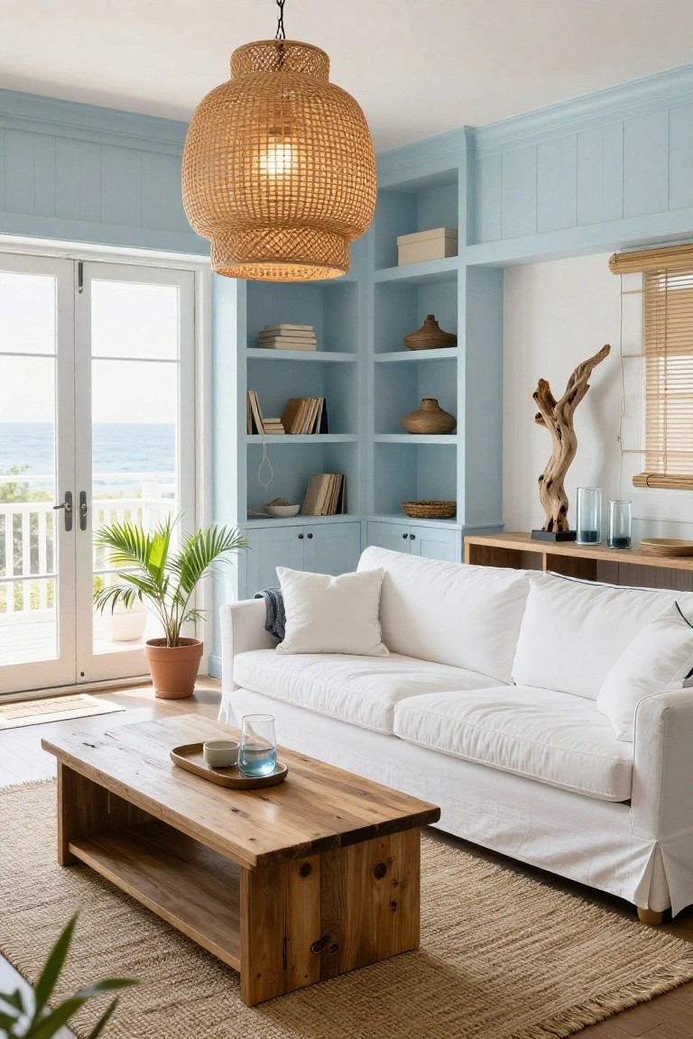 Light blue paneled walls with built-in open shelves and cabinets in a living room featuring a white sofa, wooden coffee table, rattan pendant light, potted palm, and French doors to an ocean view.