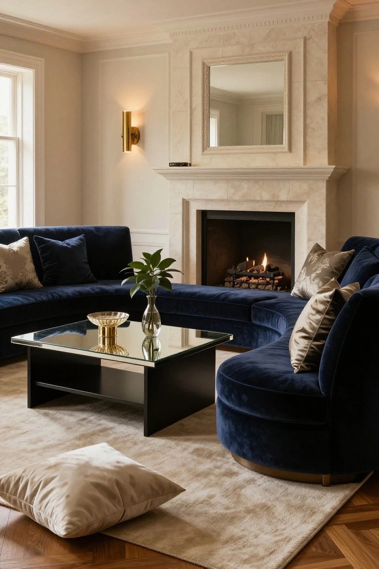 A living room with navy blue velvet L-shaped sectional sofa, glass coffee table holding a vase and bowl, marble fireplace with lit logs, cream pillows, beige rug, and parquet wood floor.