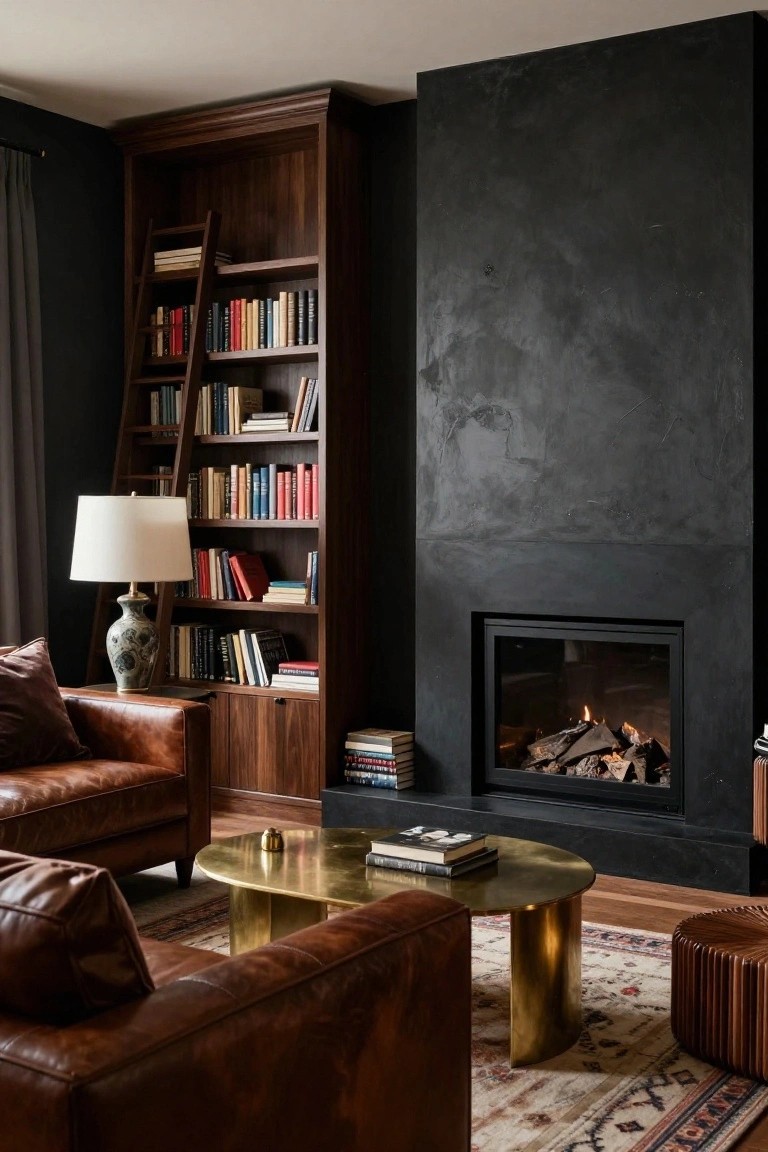 Living room with tall walnut bookshelves containing books and a ladder on the left, black textured wall with inset fireplace on the right, two brown leather sofas, round brass coffee table, and patterned rug on wood floors.