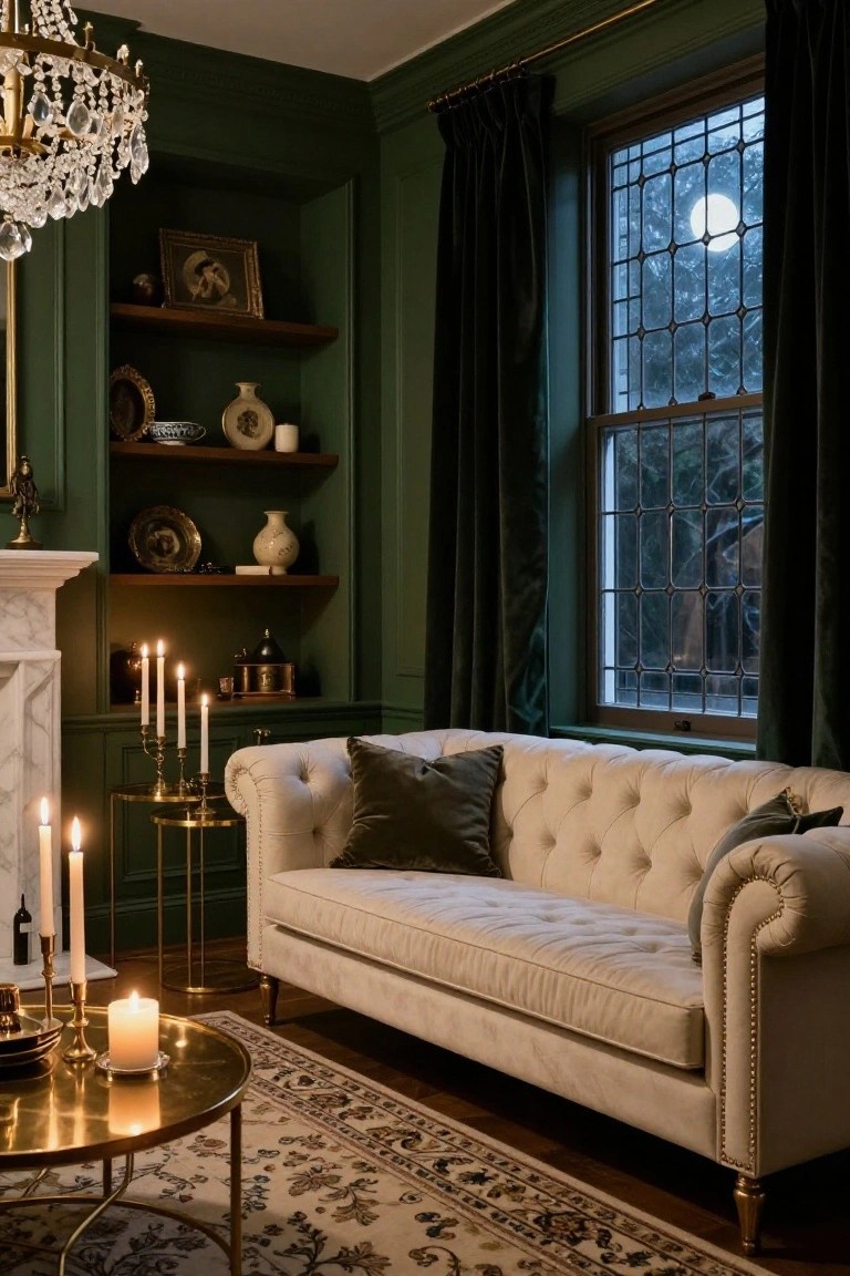 A living room with deep green paneled walls, built-in shelves holding vases and art, a white marble fireplace, cream tufted sofa with green velvet pillows, gold candelabras and table with lit candles, and a tall leaded window showing moonlight and trees at night.