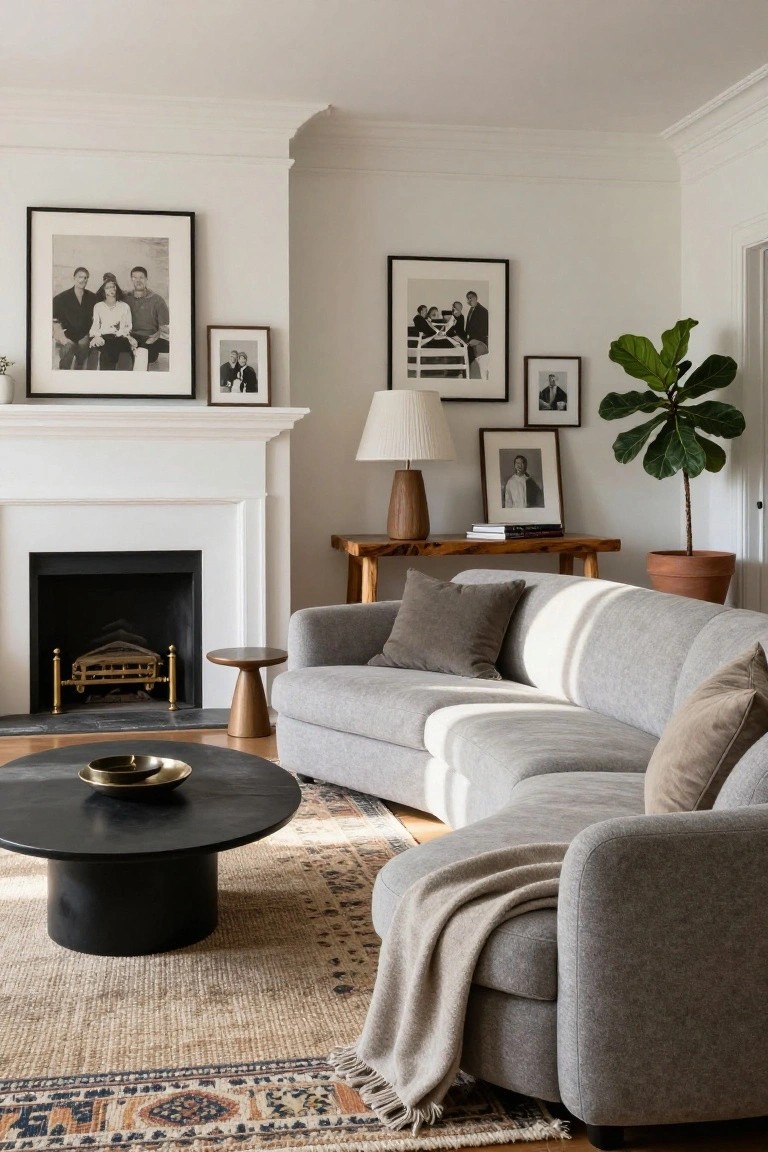 A living room with a white fireplace mantel displaying books on a wood console table, a curved gray sectional sofa nearby, black coffee table, neutral rug, fiddle leaf fig plant in terracotta pot, and multiple black-framed black-and-white family photos on walls.