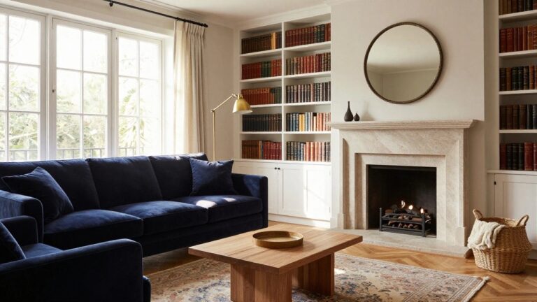 Living room with two navy blue tufted velvet sofas arranged around a chunky wooden coffee table in front of a beige stone fireplace flanked by built-in bookshelves filled with books, a gold-framed mirror on the wall, brass floor lamp, and woven basket nearby.