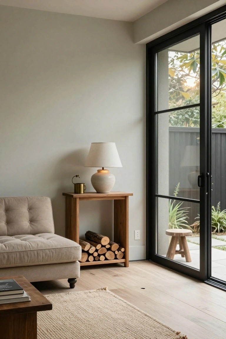 Light gray interior corner with beige tufted sofa, wooden side table holding brass lamp, small pitcher, and stacked firewood logs, wooden coffee table with books, light oak floors, cream rug, and black-framed sliding glass doors to outdoor garden.