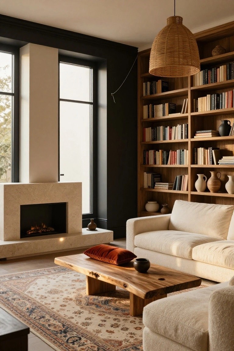 A living room with full-height wooden bookshelves on a dark wall filled with books and pottery, a beige sofa, live-edge wooden coffee table on a Persian-style rug, stone fireplace, and large black-framed windows.