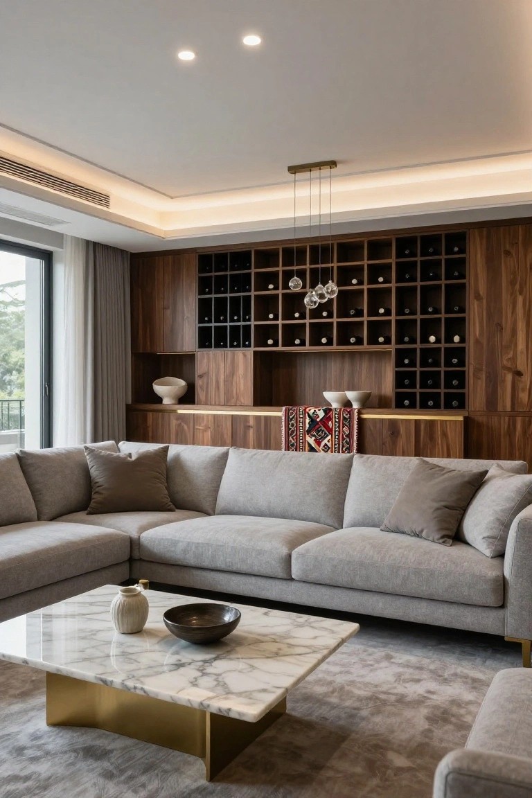Modern living room with gray L-shaped sofa, white marble coffee table on brass legs, tall wooden cabinet wall with wine racks and shelves, pendant lights, and large window with sheer curtains.
