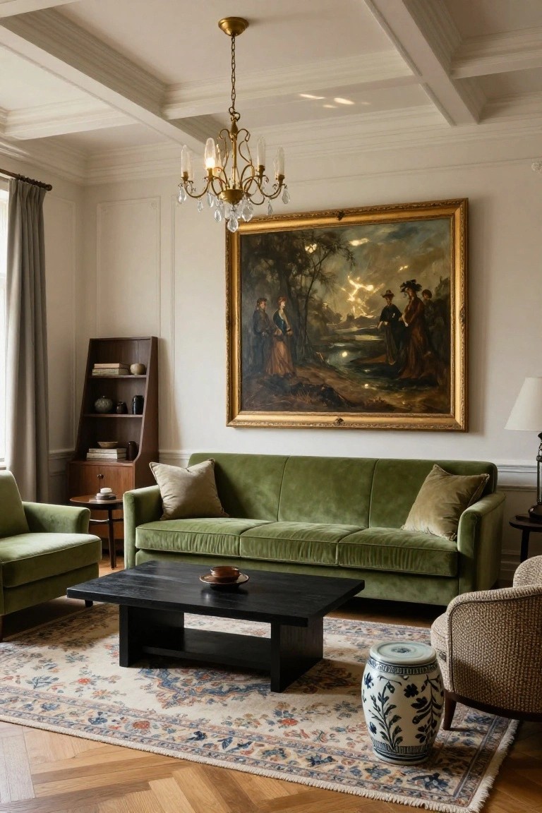 A living room with emerald green velvet sofa and armchairs around a black wood coffee table, large gold-framed painting of figures in a landscape on the wall, brass chandelier overhead, tall bookshelves, and Persian-style rug on herringbone parquet floors.