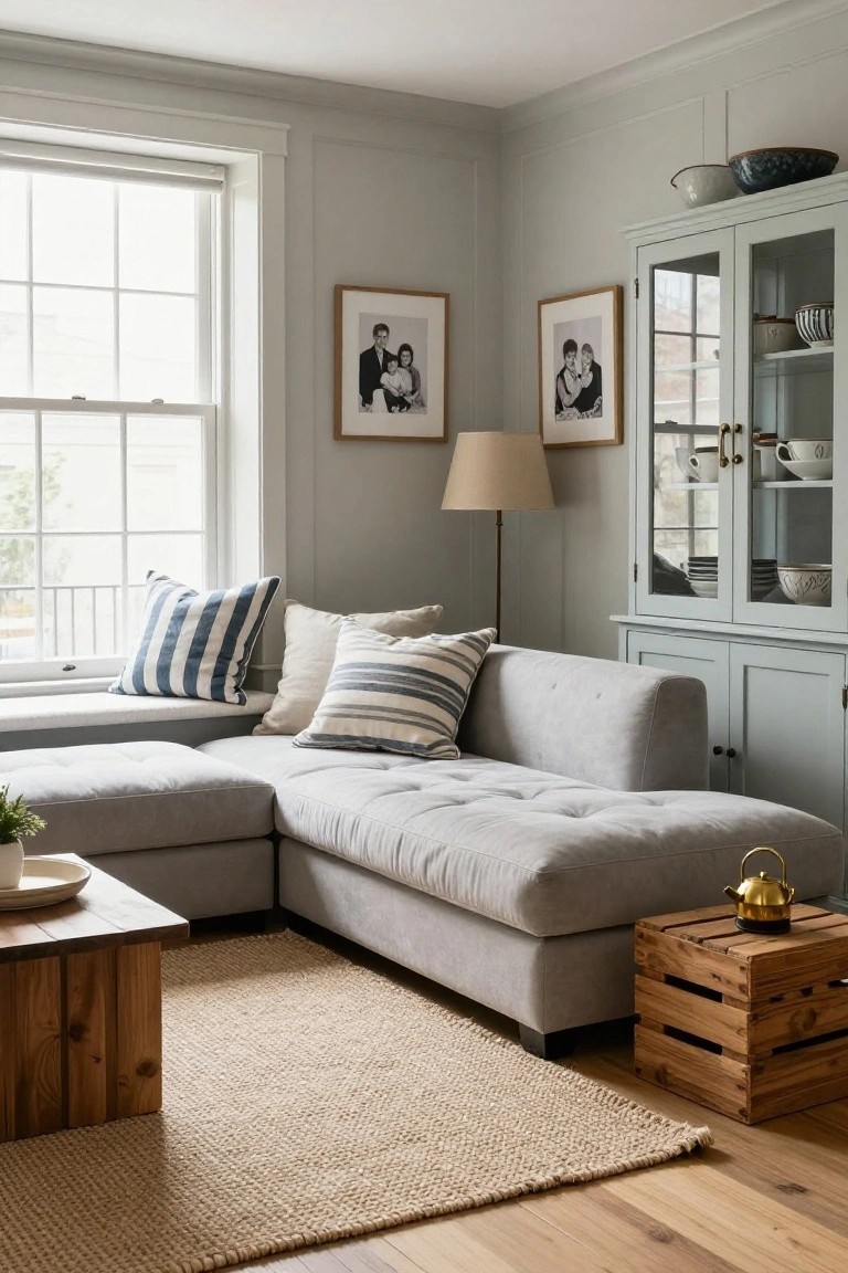 Living room corner with light gray L-shaped sectional sofa topped with striped and neutral pillows, wooden coffee table on seagrass rug, pale green-gray walls, china cabinet with dishes and photos, lamp, and large window.