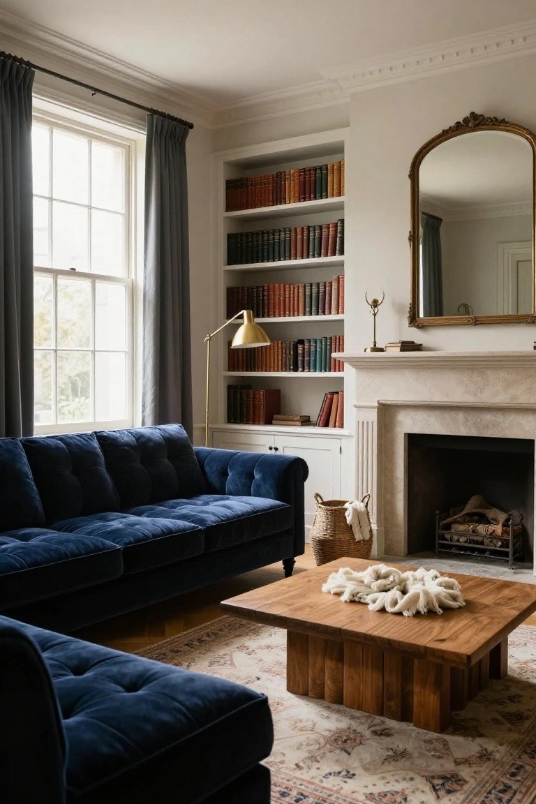 Living room with two navy blue tufted velvet sofas arranged around a chunky wooden coffee table in front of a beige stone fireplace flanked by built-in bookshelves filled with books, a gold-framed mirror on the wall, brass floor lamp, and woven basket nearby.