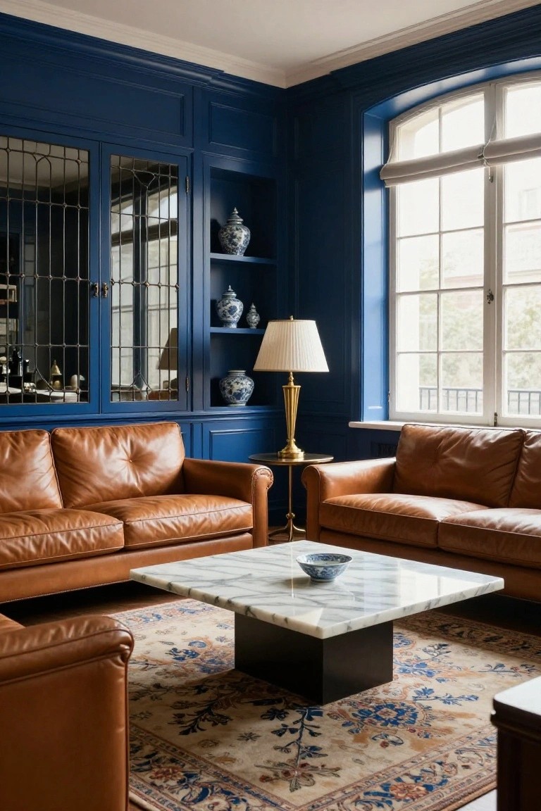 Living room featuring navy blue paneled walls, built-in bookcases with blue and white porcelain vases, two facing tan leather sofas around a low white marble coffee table on a patterned rug, a brass lamp on a side table, and a large arched window with sheer shades.