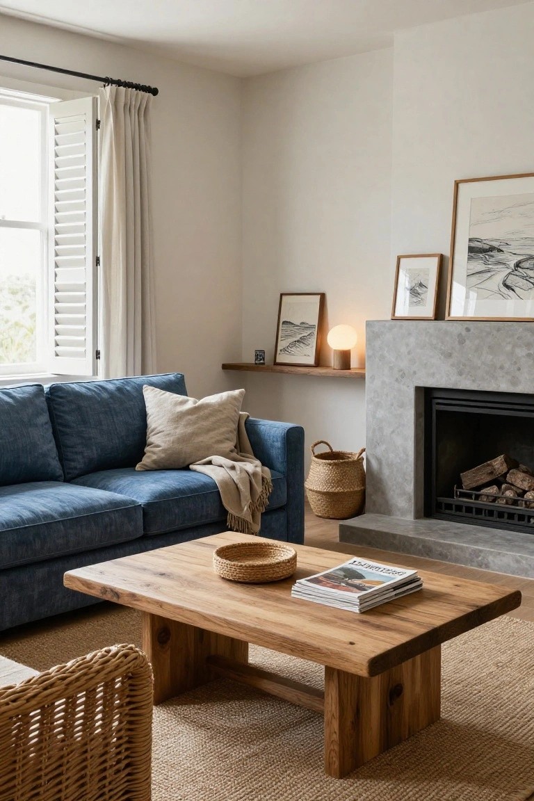 Living room with navy blue sofa, rectangular wooden coffee table holding magazines and basket, concrete fireplace, woven baskets, and beige throw on neutral rug.