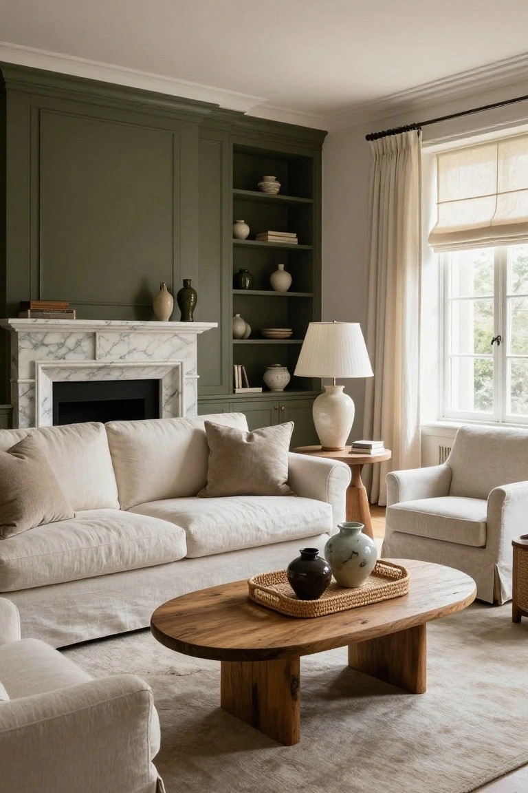 A living room with sage green paneled walls, white marble fireplace, cream linen slipcovered sofa and chairs, wooden coffee table with ceramic vases and a rattan tray, side table with lamp, built-in shelves, and beige rug.