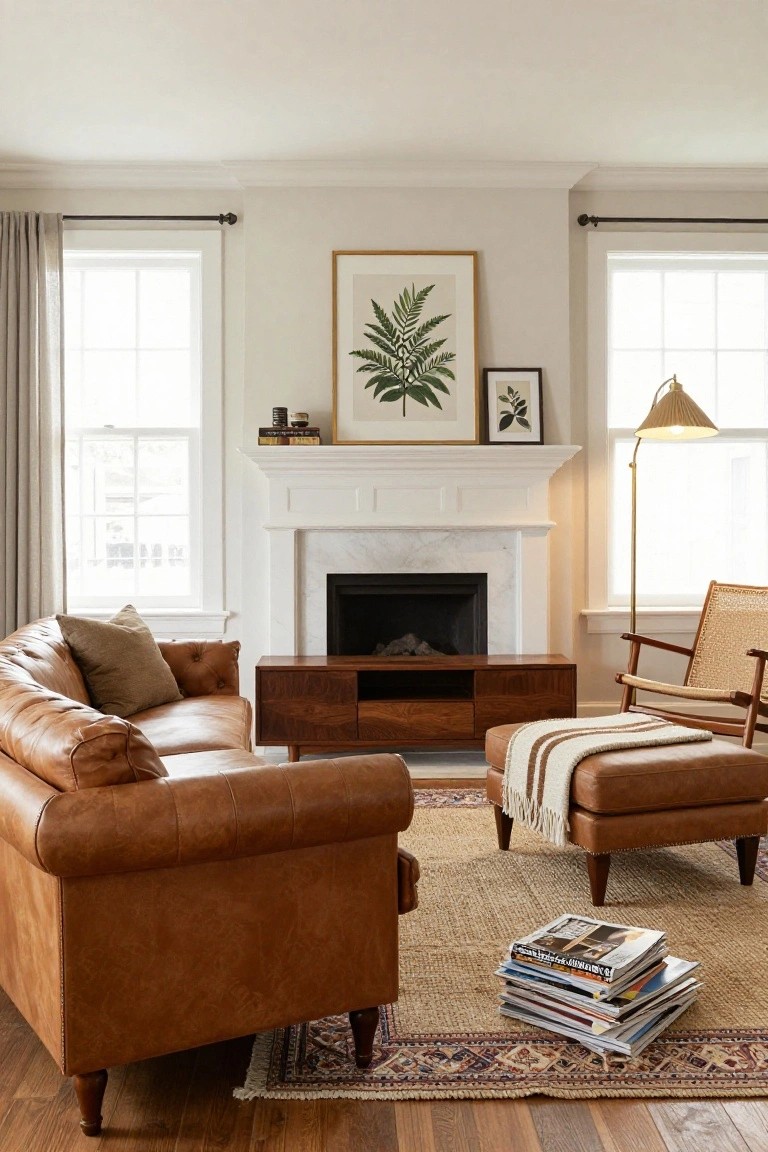 Living room with tan tufted leather sofa and ottoman on seagrass rug in front of white marble fireplace, wooden media console below mantel, rattan armchair nearby, neutral walls with botanical prints, linen curtains on windows, and hardwood floors.