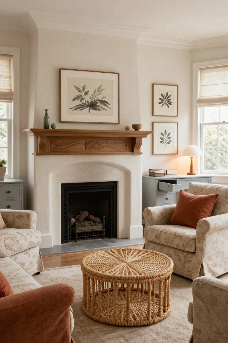 A living room corner with a white stucco arched fireplace topped by a carved wooden mantel, flanked by cream floral armchairs, a rattan coffee table, and botanical prints on the walls.