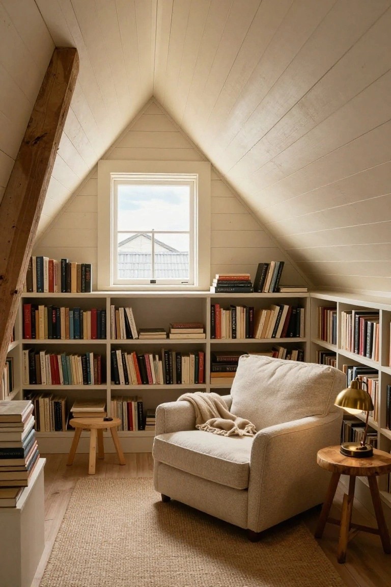 Cozy attic room with white shiplap walls and sloped ceilings lined in built-in bookshelves filled with books, a beige armchair with cream throw blanket, wooden stool side table holding brass lamp, and small window showing exterior view.