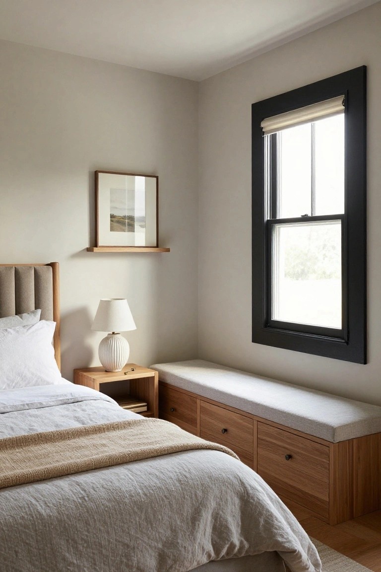 Neutral bedroom with light gray walls, wooden tufted bed with white linens and beige throw, wooden nightstand with white lamp, wooden framed art on shelf, and wooden storage bench under black-framed window with roller shade.