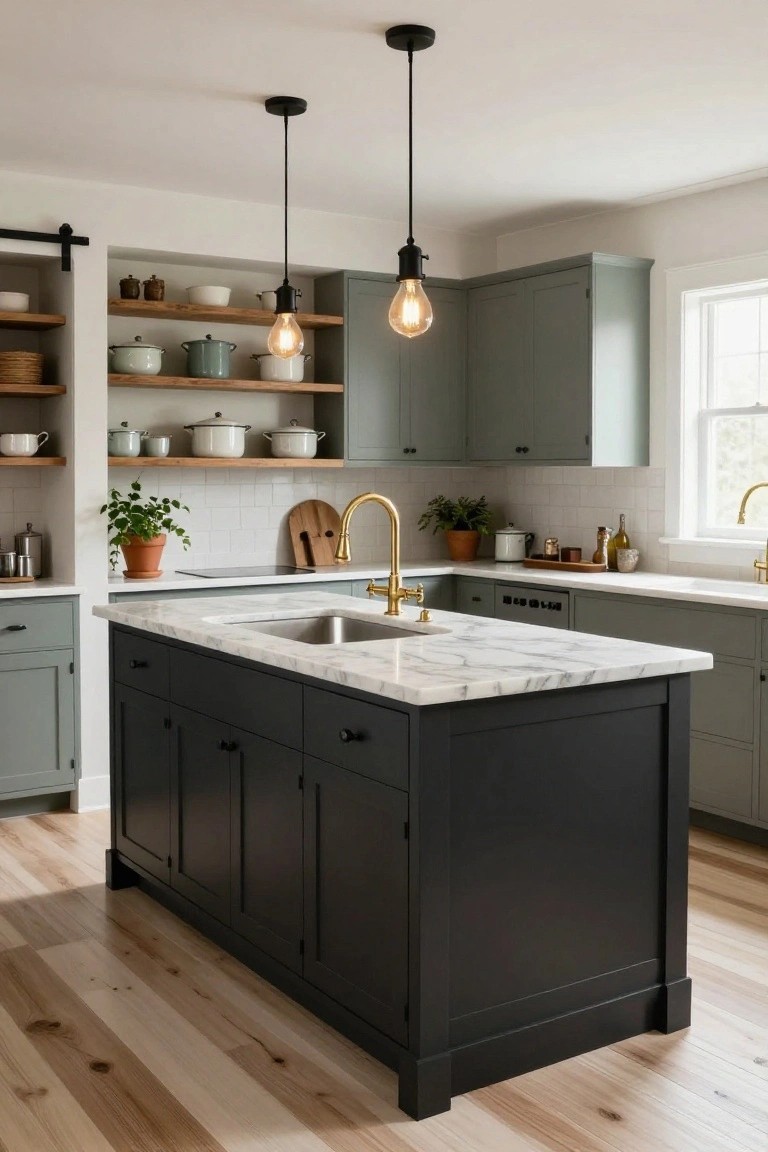A transitional farmhouse kitchen with a central black island topped in white marble, sage green cabinets, brass faucet, open wood shelving with pottery, and pendant lights overhead.