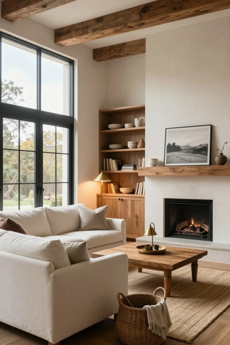 A transitional living room with exposed wood beam ceiling, white walls, large black-framed windows and doors overlooking greenery, cream linen sofa, wood coffee table, seagrass rug, and a fireplace with natural wood surround, mantel, built-in cabinets, and open shelves holding books, ceramics, and plants.
