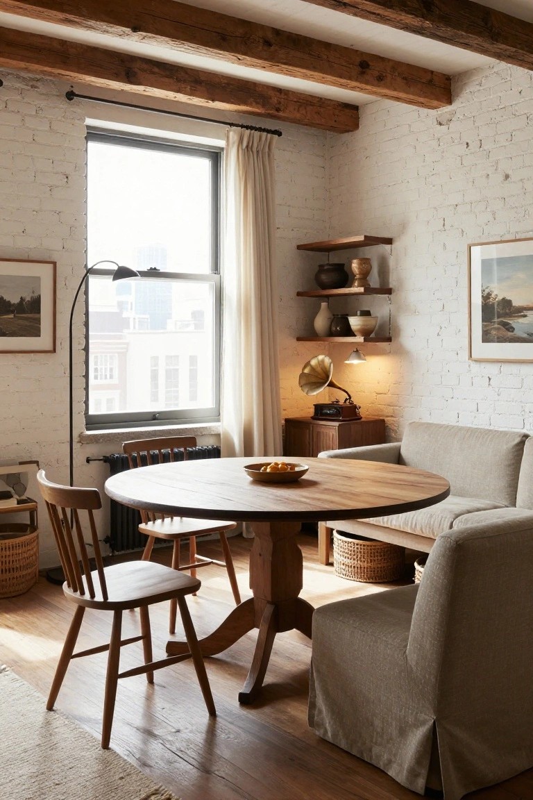 Loft-style dining corner with exposed white brick walls, wooden ceiling beams, round wooden pedestal table, wooden chairs, beige sofa, radiator, and potted plants on shelves.