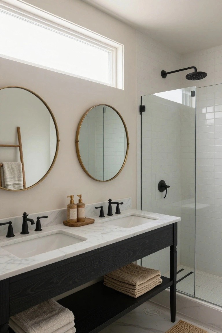 Bathroom interior with black wood double vanity featuring white marble sinks, two large round brass mirrors above, wood ladder towel holder, and adjacent glass shower enclosure with black fixtures.