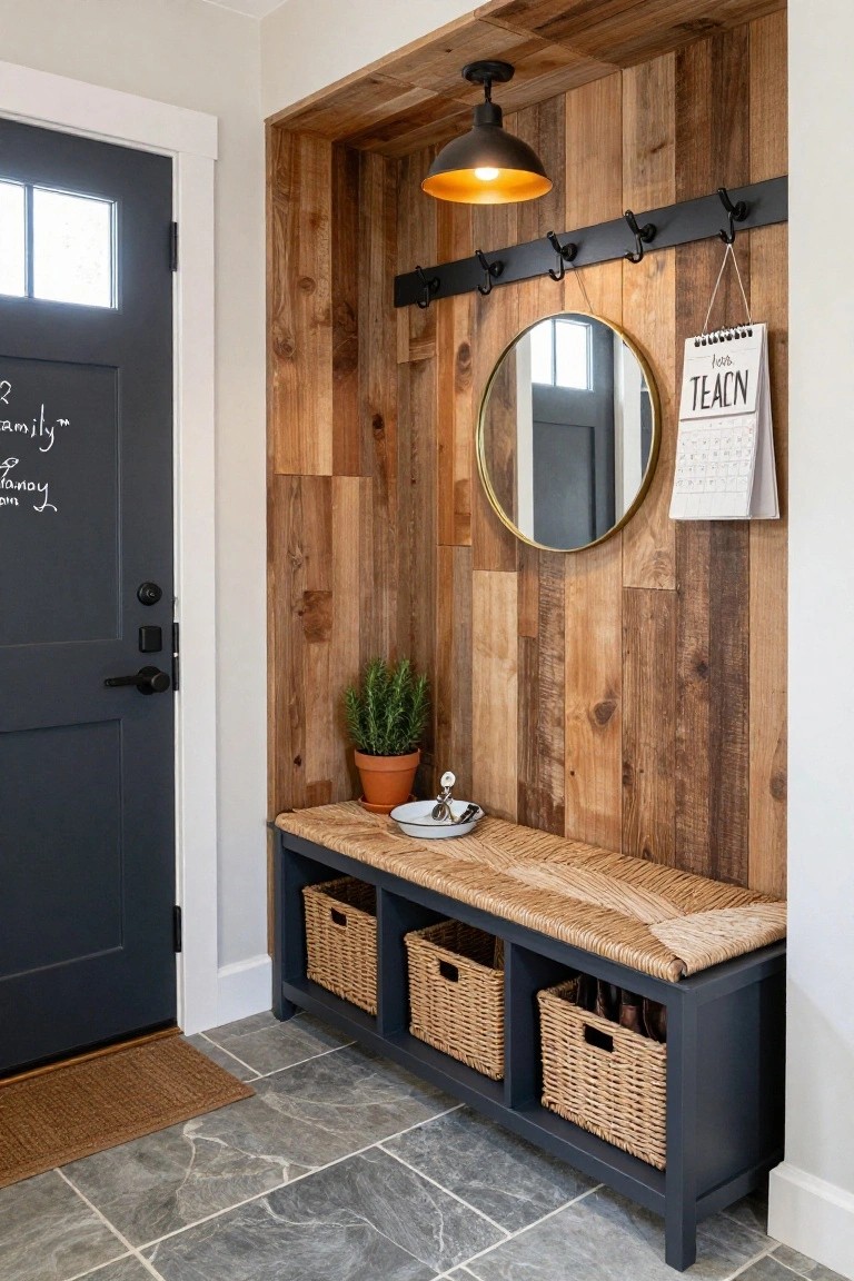 Entryway mudroom with navy bench topped by seagrass cushion, three wicker baskets in open shelves below holding shoes and boots, black coat hooks on shiplap wood wall, round mirror, potted plant, calendar, and black front door on gray tile floor.