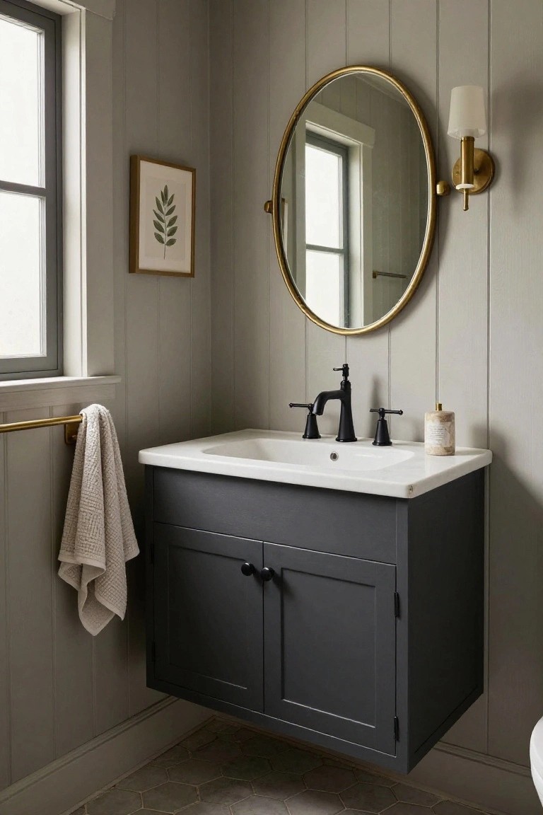Small powder room with pale gray vertical shiplap walls, floating dark gray shaker-style vanity with white undermount sink and black bridge faucet, large round gold-framed mirror, gold sconce, and light gray hexagonal floor tiles.