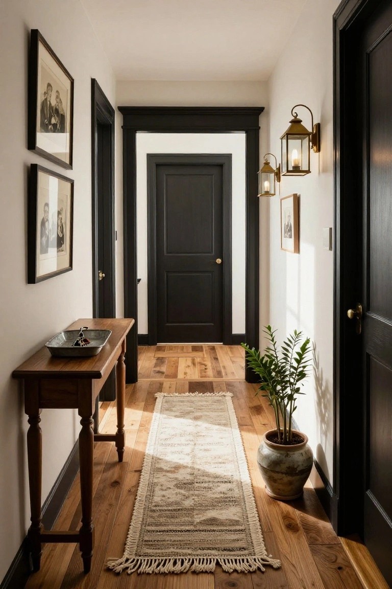 Narrow interior hallway with white walls, black-painted doors and trim, wooden console table holding a metal tray with keys, woven rug on oak hardwood floors, potted plant in terracotta pot, and black-framed artwork on walls.