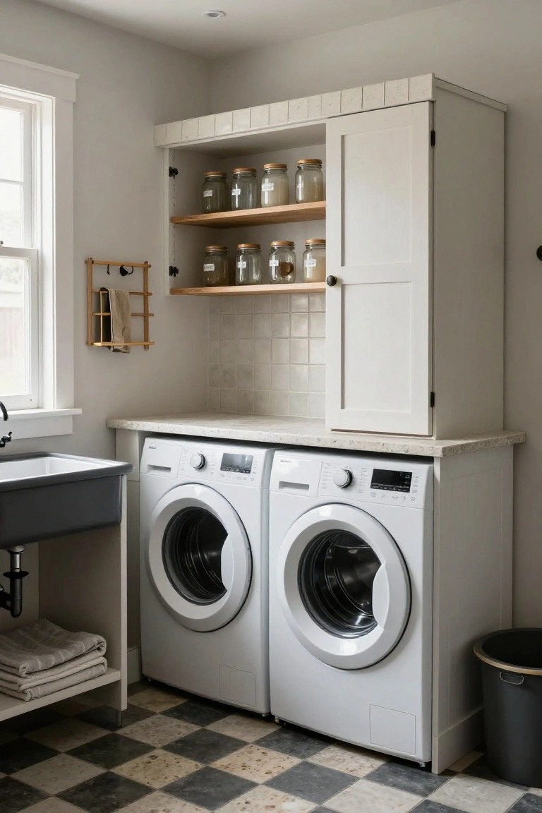 White washer and dryer stacked under a light countertop in a laundry room with tall white cabinets, open wooden shelves holding glass jars, a black farmhouse sink nearby, and black and white checkered tile floor.