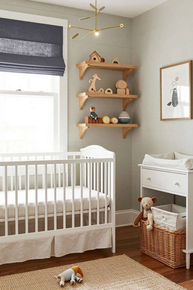 A neutral-toned nursery with white crib, open wooden wall shelves holding toys and decor, white changing dresser with basket storage, jute rug, and window with blue roman shade.