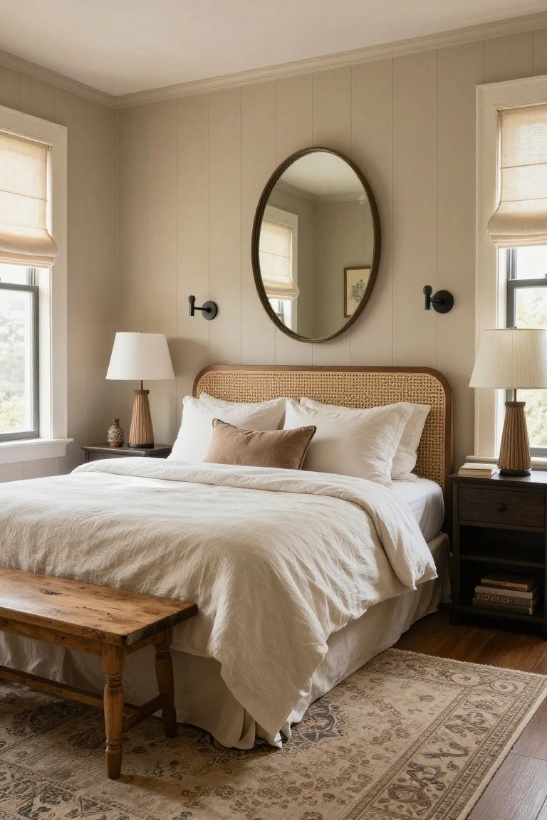 Bedroom interior with beige board-and-batten walls, rattan headboard on bed with white linens, two nightstands with tapered lamps, oval mirror, wooden bench at bed foot, and patterned rug on wood floor.
