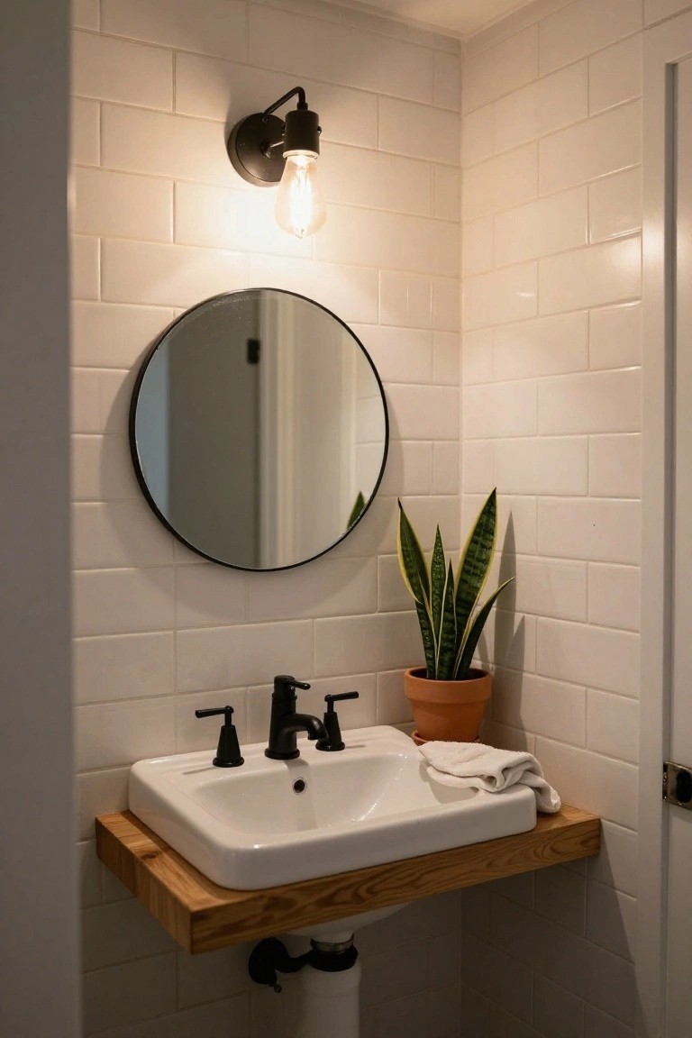Close-up of a bathroom corner featuring a white porcelain sink mounted on a floating wooden shelf, black faucet, round black-framed mirror above, snake plant in orange terracotta pot, white subway tile walls, and black wall sconce with exposed bulb.