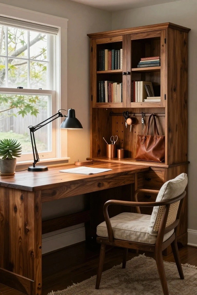 Wooden desk with integrated open shelving unit holding books and accessories, desk lamp, potted plant, leather bag, and rattan chair in a room with window and light gray walls.