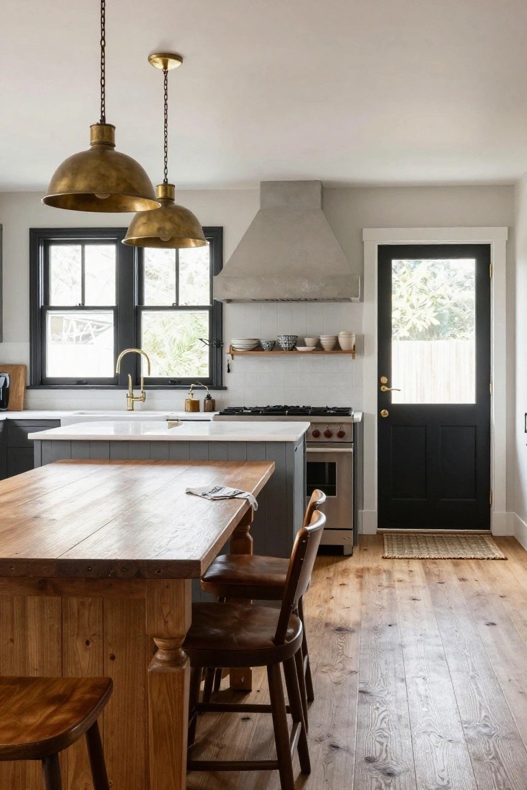 Kitchen with large wooden island and bar stools, gray cabinets, white countertops and backsplash, brass pendant lights, gas range, and black door to yard.