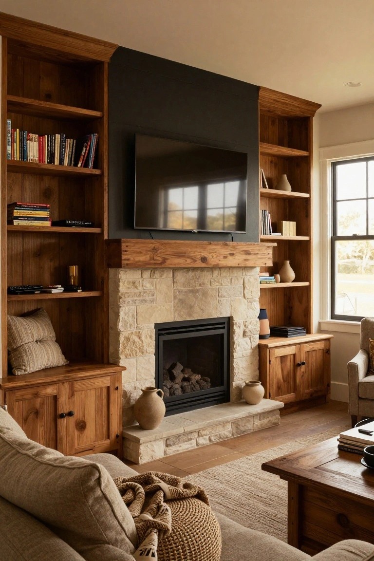Living room with tall wooden built-in bookshelves and cabinets flanking a beige stone fireplace, flat-screen TV mounted above the mantel, wooden furniture, beige sofa, and neutral rug.