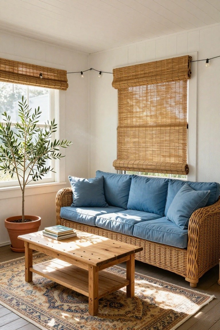 Sunlit room with blue-cushioned rattan sofa, wooden coffee table holding stacked books, potted olive tree, bamboo shades on two windows with string lights, and patterned rug on wood floor.