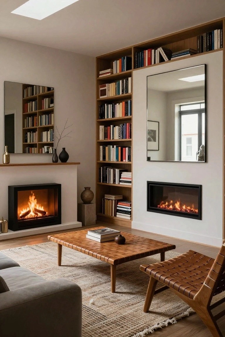 Modern living room with tall wooden bookshelves lining walls around two black-framed fireplaces, large mirrors above shelves, wood coffee table with books, leather chair, gray sofa, and neutral rug on hardwood floor.