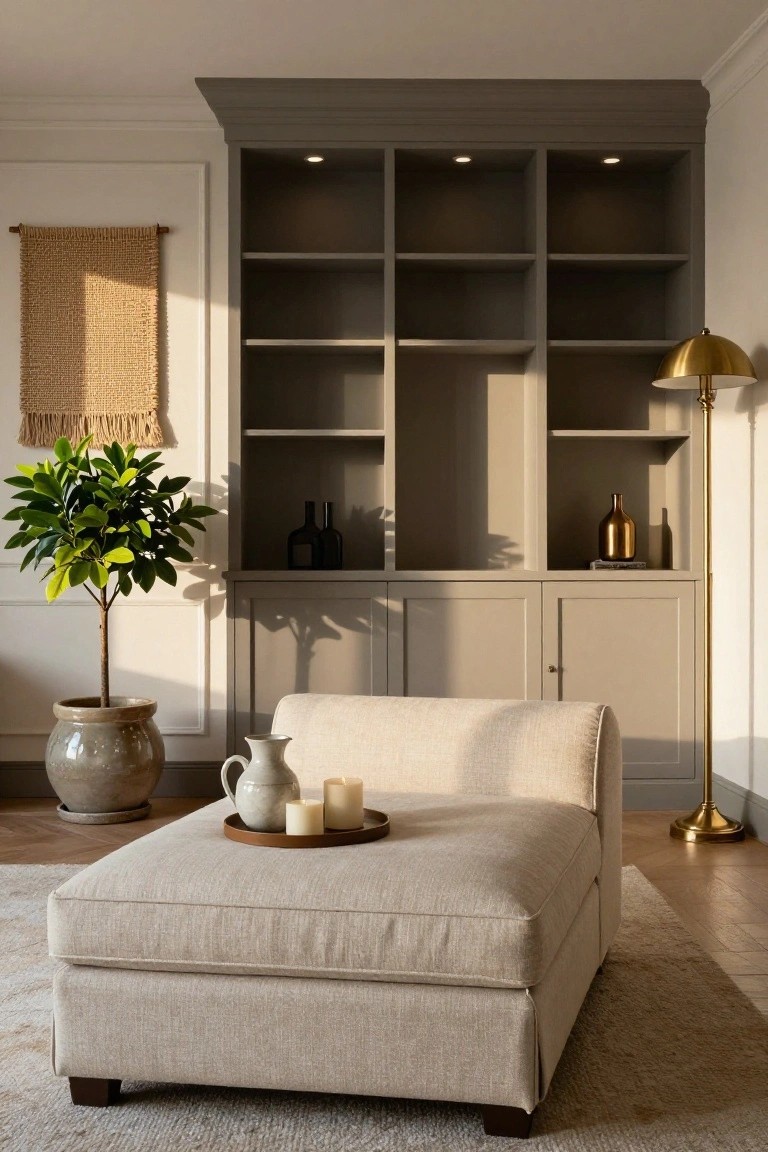 Tall gray built-in shelving unit with open shelves, lower cabinets, and integrated lighting in a light-colored room with a cream chaise lounge, potted plant, gold floor lamp, and woven wall hanging.