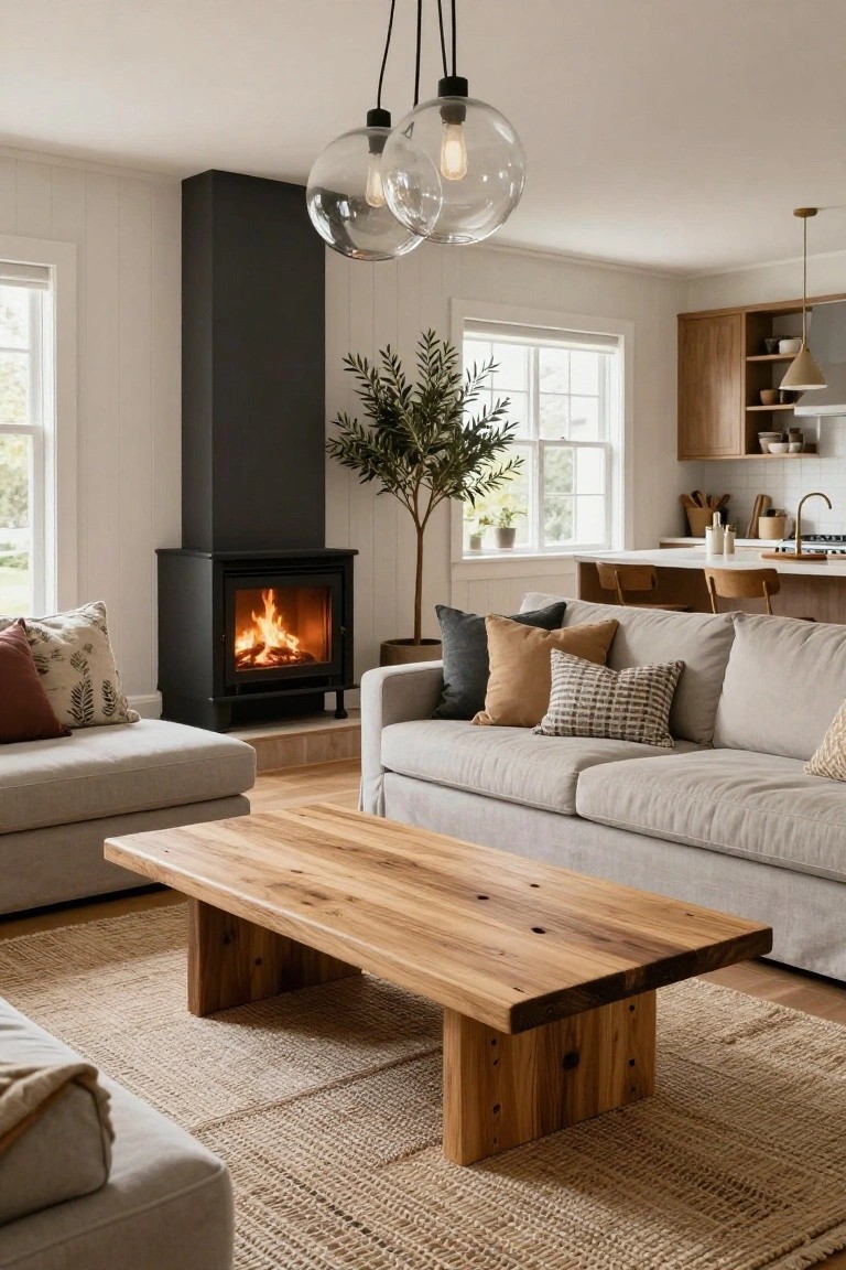Light living room with white shiplap walls, black freestanding wood-burning stove with fire lit, beige linen sofas, wooden coffee table, potted olive tree, and open kitchen visible through large windows.