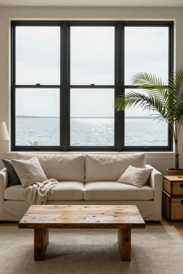 Light slipcovered sofa with pillows and throw facing three tall black-framed windows overlooking a lake, low wooden coffee table in front, potted palm plant to the side, lamp, wicker baskets, and neutral rug in a living room.