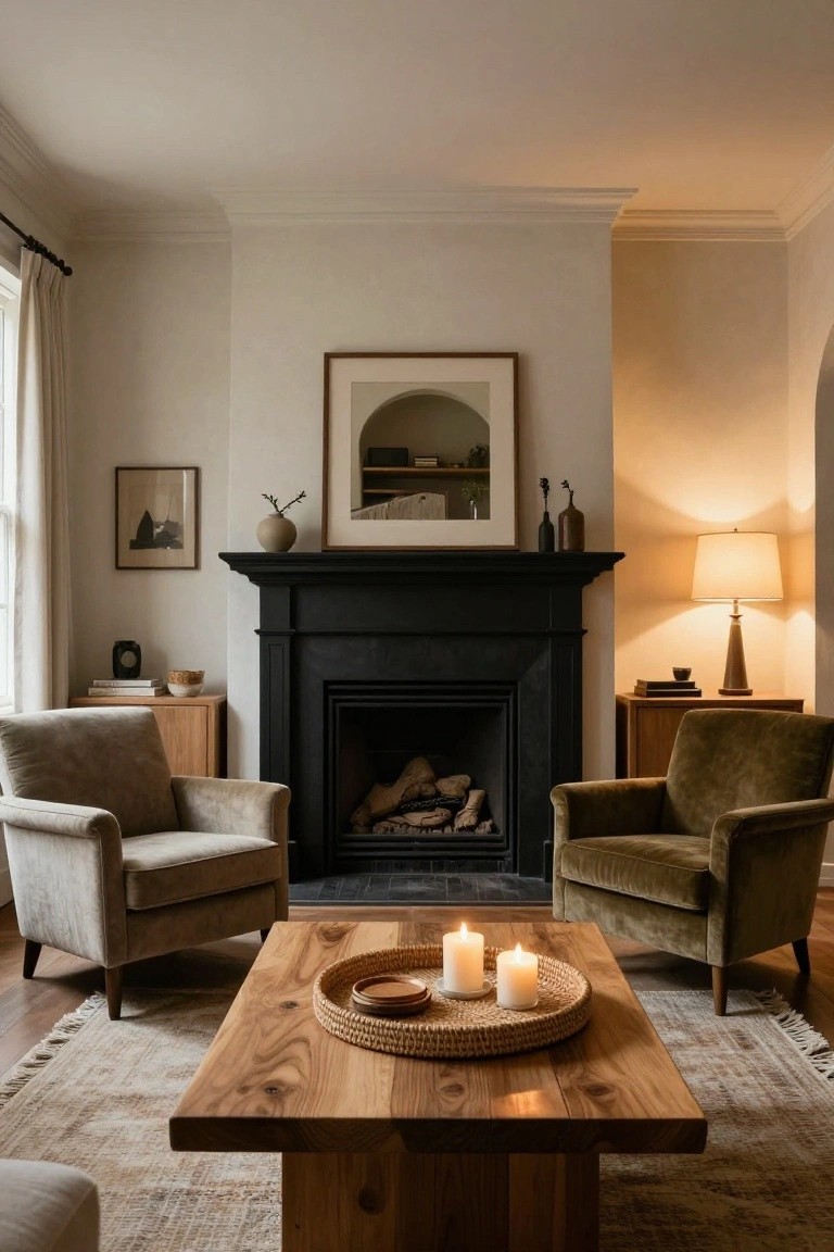 Living room with black fireplace mantel and burning logs flanked by beige armchair on left and green armchair on right, wooden coffee table with candles and woven tray in center, neutral walls, side tables with lamps, and beige rug on wood floor.