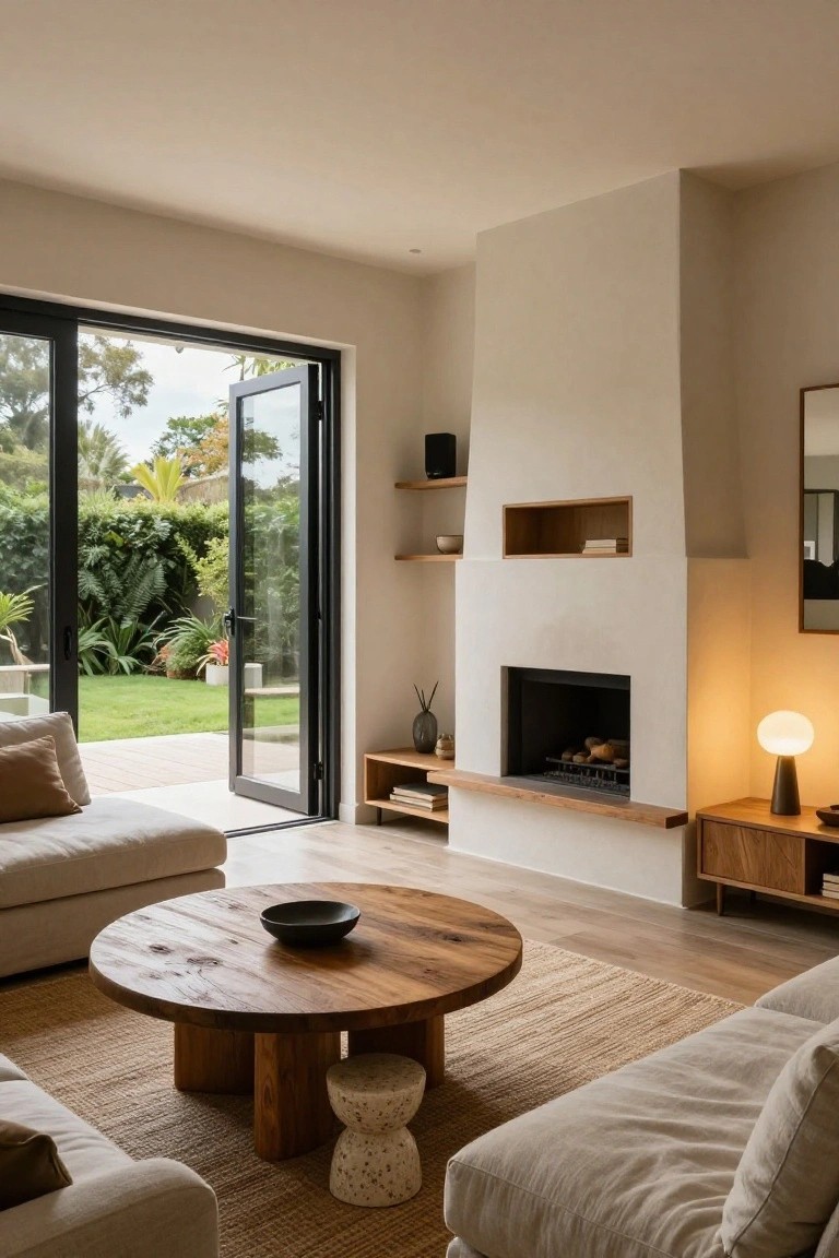 A light-colored living room with beige sofa, round wooden coffee table, white fireplace, and black folding doors fully open to a lush green garden beyond.