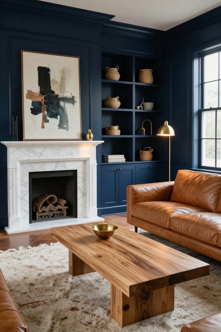 Corner of a family room featuring deep navy paneled walls with built-in bookshelves flanking a white marble fireplace, tan leather sofa, wooden coffee table with gold bowl, white rug, and abstract painting.