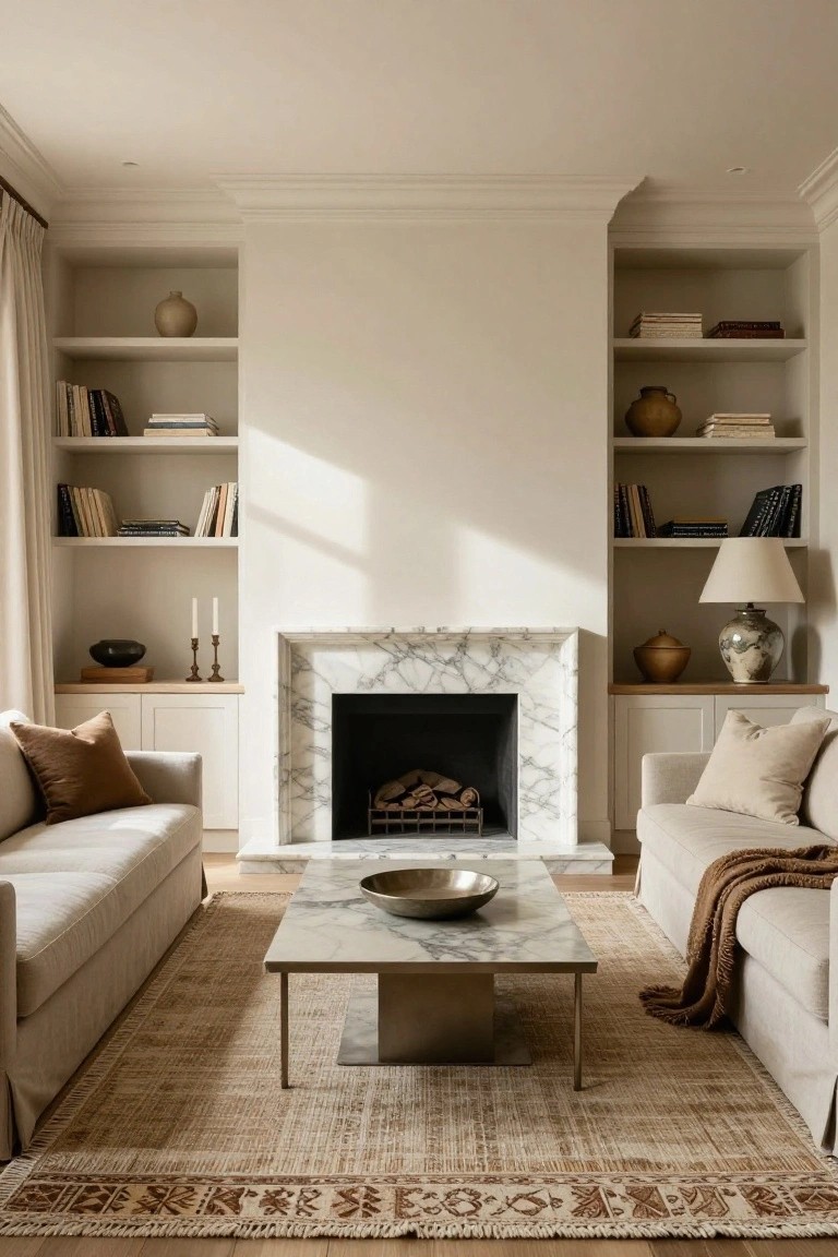 A living room with a marble fireplace centered on the wall, flanked by white built-in bookshelves holding books and ceramics, two facing beige sofas with cushions and throws, a metal coffee table with a bowl, and a large beige rug on hardwood floors.