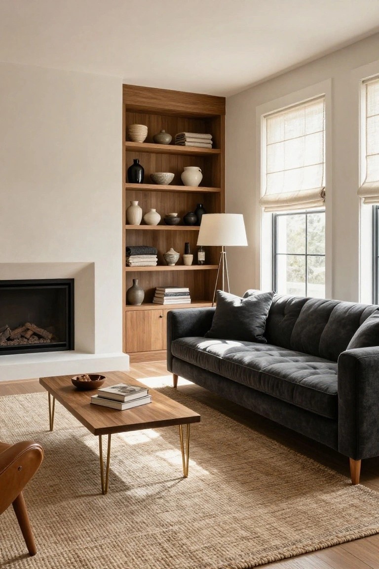 A living room with a white plaster fireplace flanked by light wood built-in shelves and cabinets holding ceramics, books, and jars, a dark gray velvet sofa facing a wooden coffee table on a seagrass rug, large windows with shades, and an Eames-style chair.