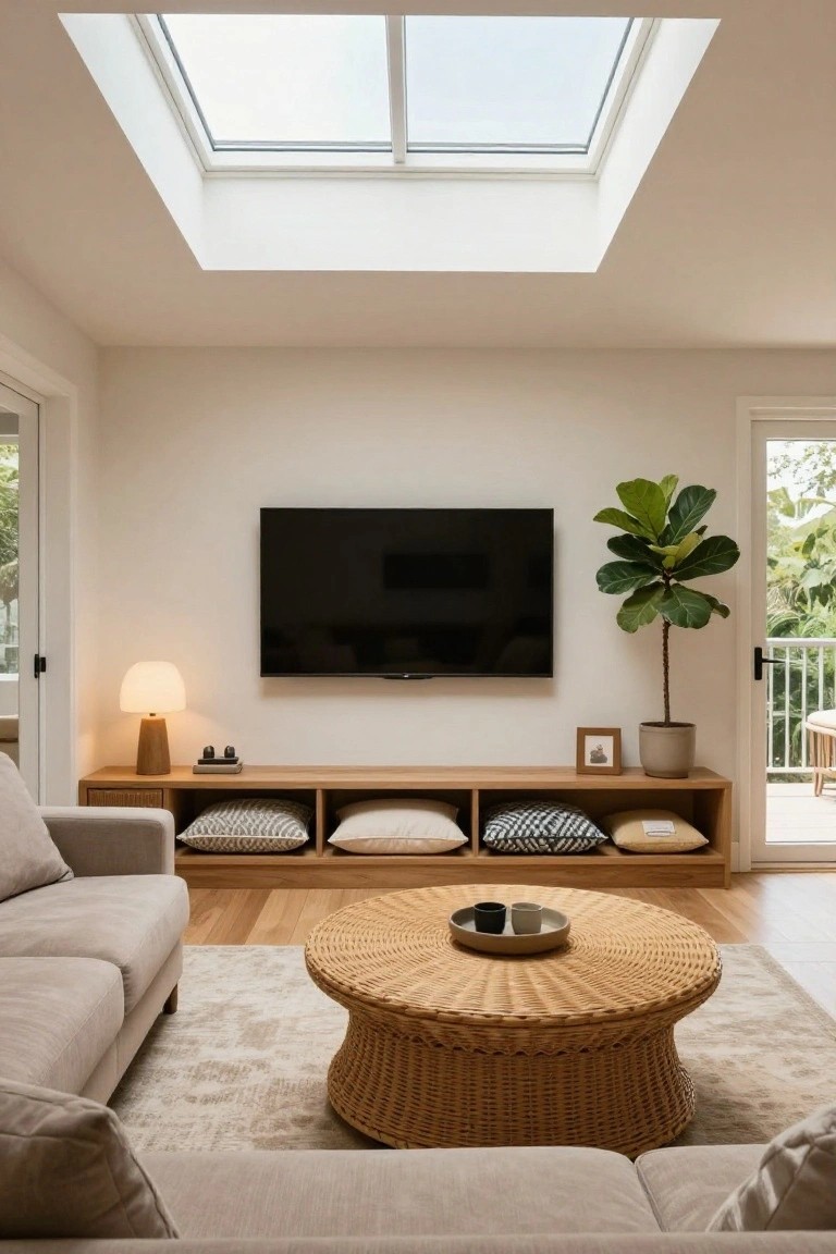Sunlit living room with light oak flooring, wooden media console storing patterned cushions, woven rattan coffee table holding teacups, large potted fiddle leaf fig plant next to TV, and glass doors opening to a balcony with greenery.