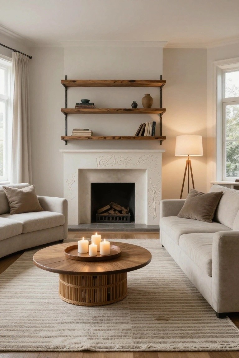 A living room with two beige sofas facing a white carved fireplace topped by floating wood shelves holding books and pottery, a round wood coffee table with candles in the center, neutral rug, and tripod lamp.