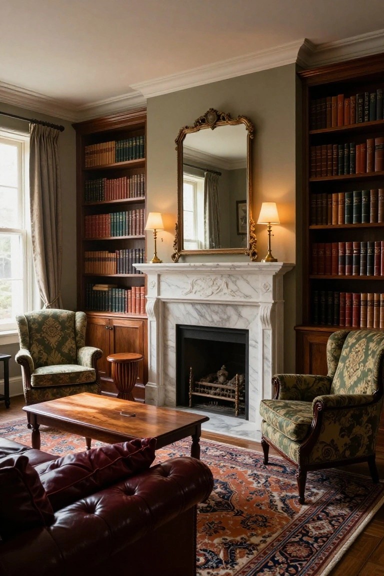 Traditional library room with floor-to-ceiling wooden bookshelves filled with books flanking a white ornate marble fireplace, two green patterned wingback armchairs, a wooden side table, a rectangular wooden coffee table, red leather tufted sofa on an oriental rug, gilded mirror above mantel, and table lamps.